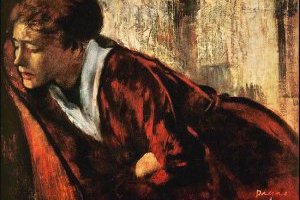 Mélancolie ou jeune femme assise sur un canapé